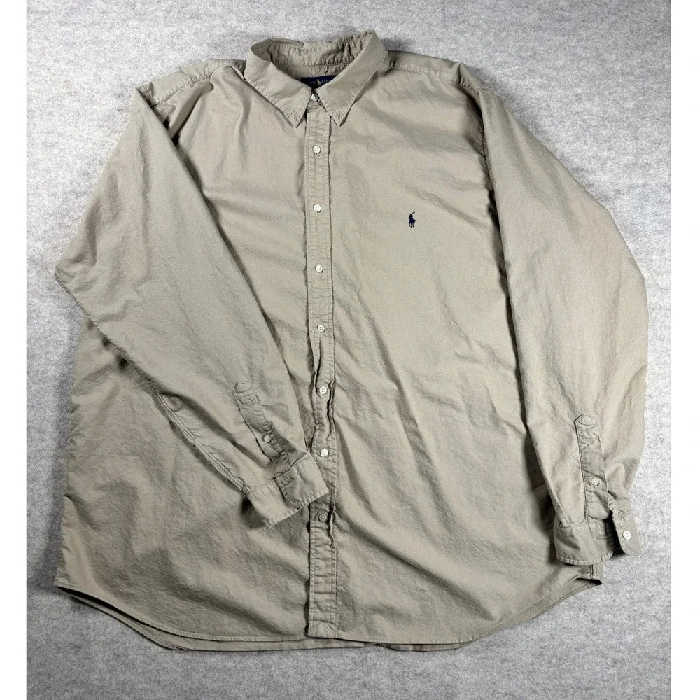 Polo Ralph Lauren Mens 3XLT Tan Khaki Cotton Button Down Shirt Long Sleeve Pony
